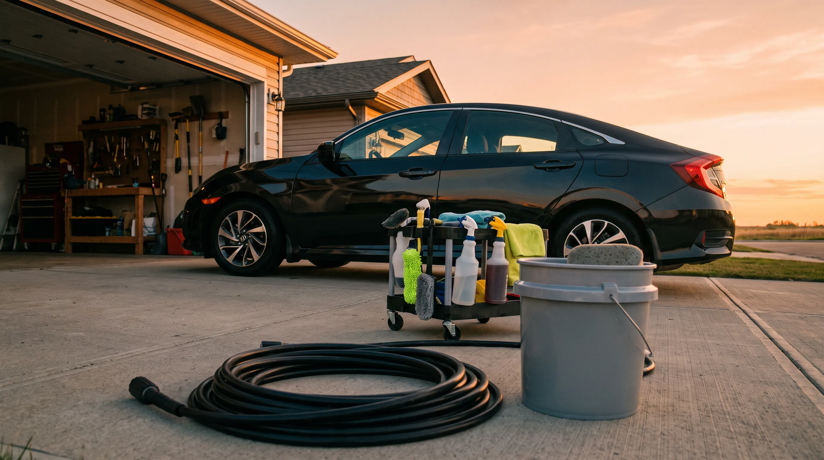 Illustrative mobile detail setup with a dark car, hose and wash bucket on a driveway at golden hour